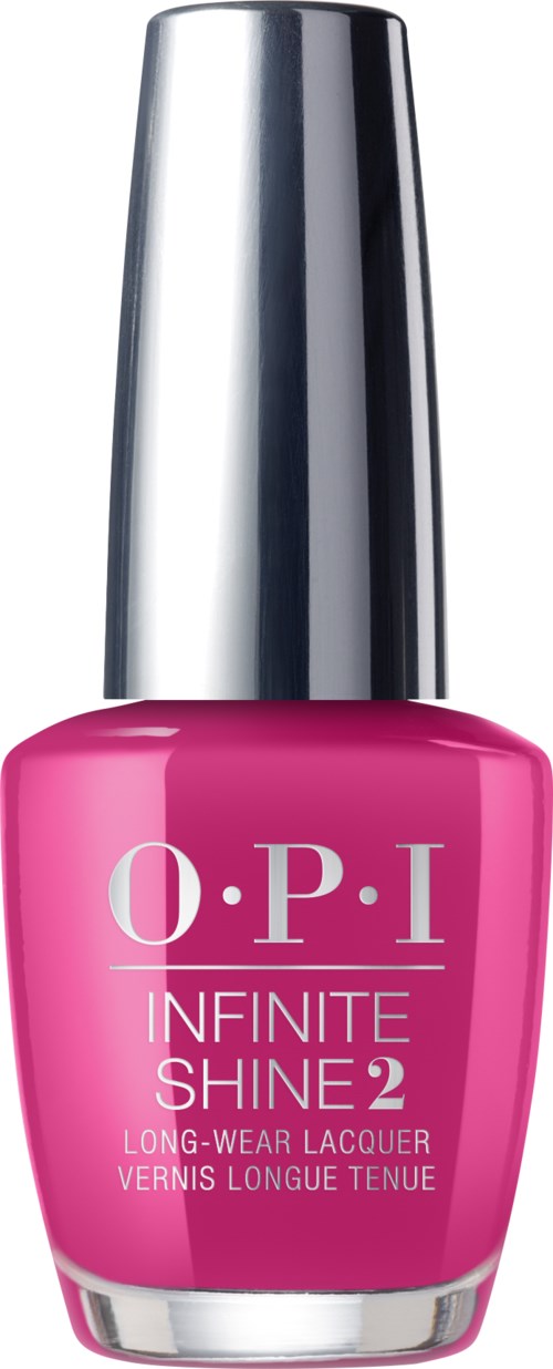 En rosa nagellacksflaska med silverlock och vitt text, märkt O.P.I Infinite Shine 2.