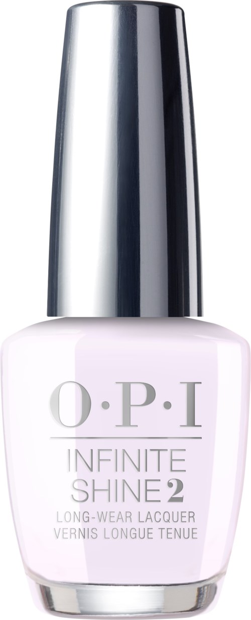 En ljus rosa nagellackflaska med en glänsande silverkapsel, märkt 'O.P.I Infinite Shine 2' för långvarigt bruk.