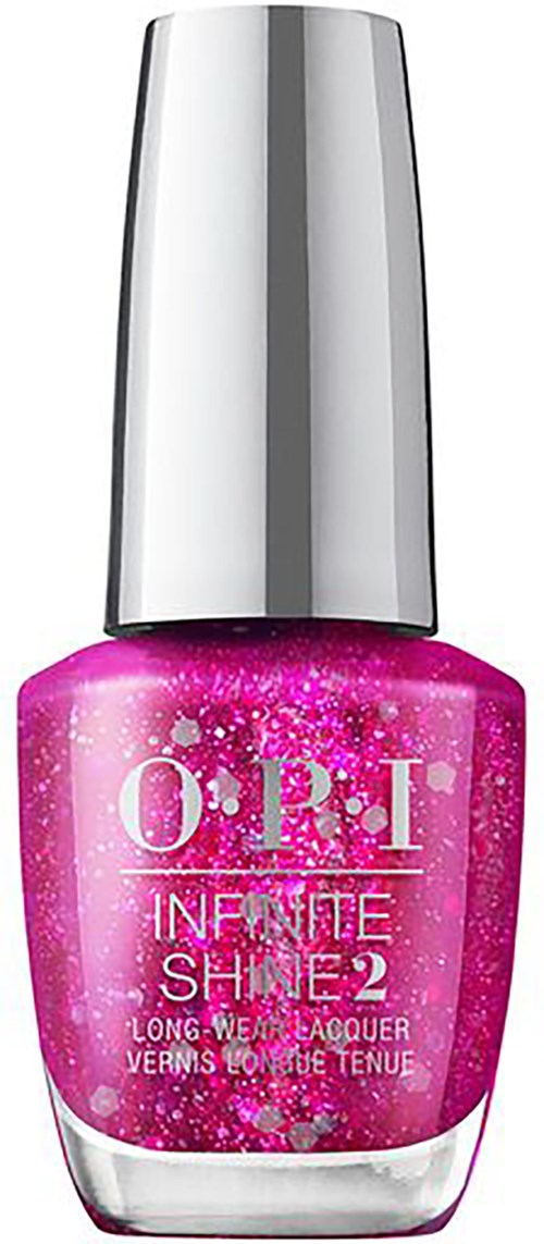 Bright pink nail polish with glitter in a silver cap.
