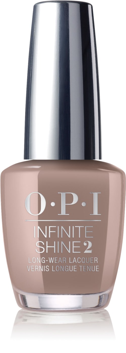En beige nagellackflaska med en blank, silver hätta, märkt O.P.I Infinite Shine 2.