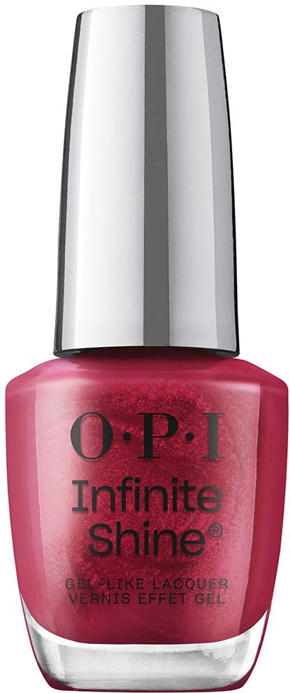 Pinkki kynsilakkapullo hopeisella korkilla, merkintä 'OPI Infinite Shine' ja 'gel-like lacquer'.