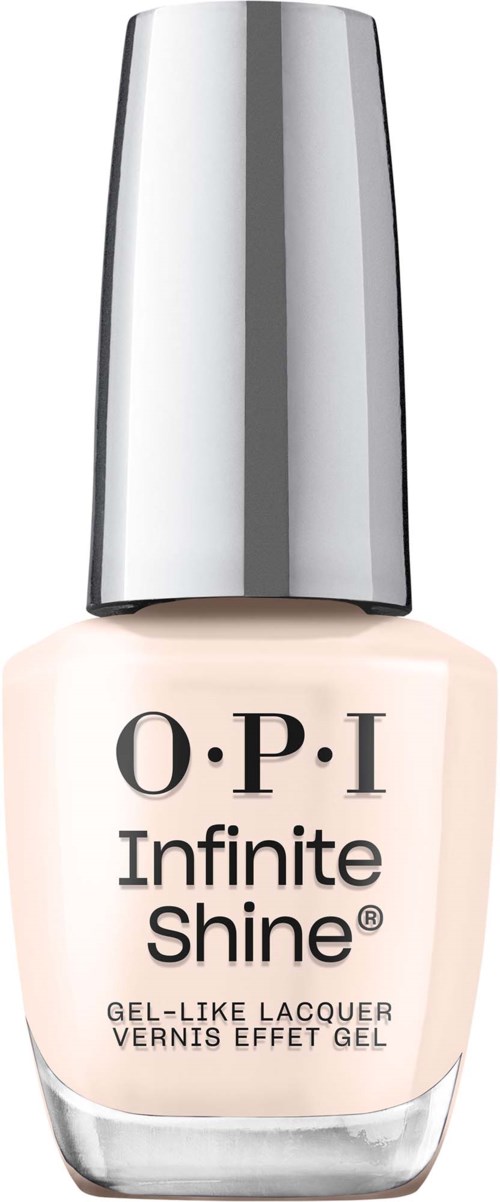 Pullloake OPI Infinite Shine kynsilakalle, hopea-korkki ja vaalean beige neste sisällä.