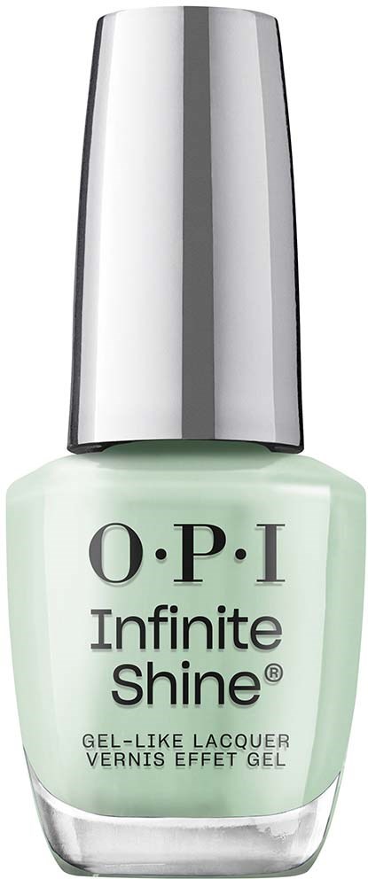 En ljusgrön nagellackflaska med silverlock, märkt 'O.P.I Infinite Shine' och 'Gel-Like Lacquer'.