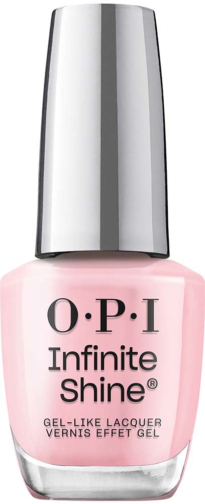 Roza nagellackflaska med silverlock, märkt 'O.P.I Infinite Shine' och 'Gel-Like Lacquer'.