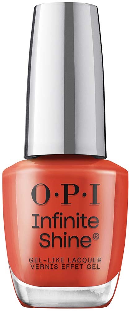 En korallfärgad nagellackflaska med ett silverlock, märkt O.P.I Infinite Shine, gel-liknande lack.