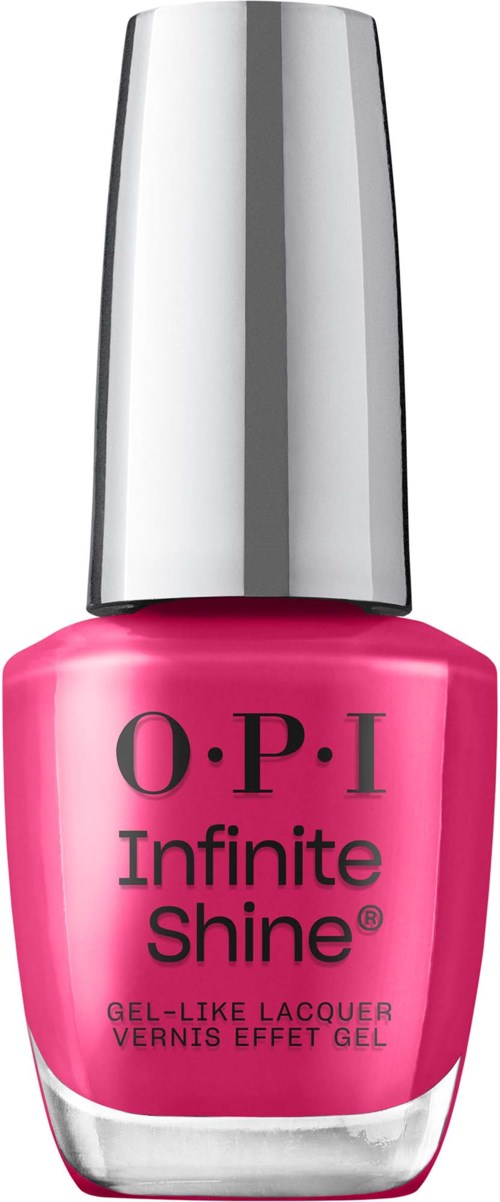 Pinkki kynsilakkapullo hopeasävyisellä kannella, merkitty O.P.I Infinite Shine, geelimäinen lakka.