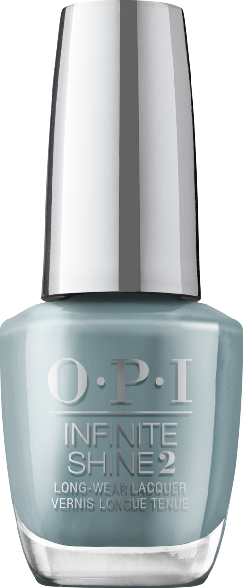 A bottle of light blue nail polish with a silver cap from O.P.I. Infinite Shine line.