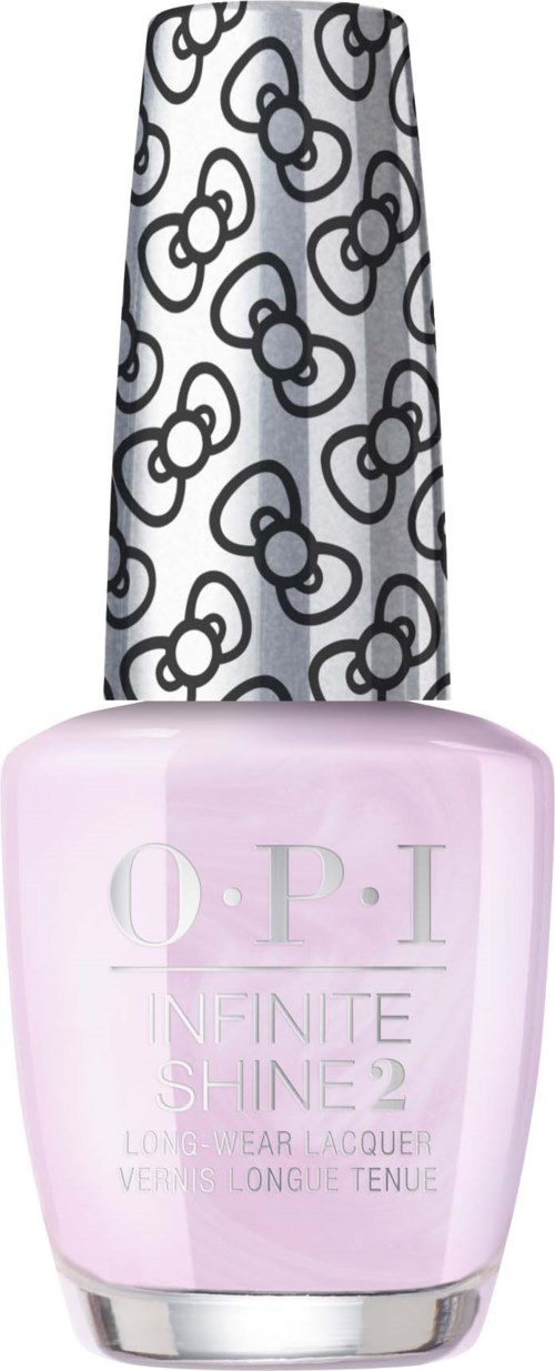En rosa nagellack flaska med en silverkapsel med svart ringar, märkt 'O.P.I. Infinite Shine 2'.