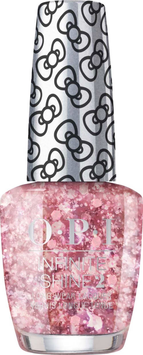 En rosa glitter nagellackflaska med en svartvit mönstrad flaska. Flaskan har O.P.I.-loggan på sig.