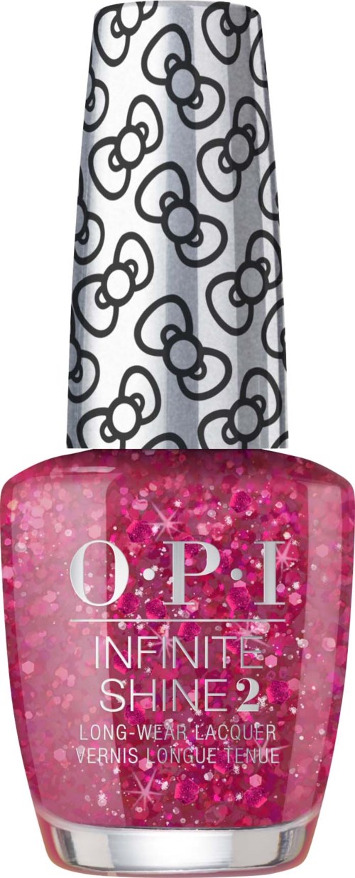 En flaska rosa glitternagellack med svart och vitt mönstrat lock. Märket är O.P.I.