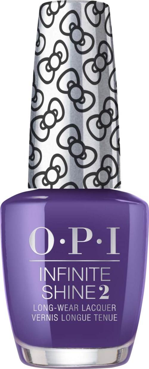 Lila nagellackflaska med silverlock och svart rosettmönster, O.P.I logo.