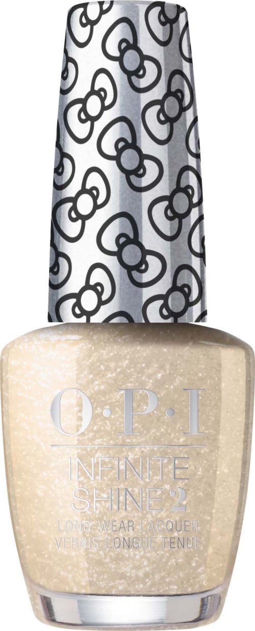 En flaska med O.P.I nagellack med svartvit mönstrad kork. Nagellacket är ljusbeige med glitter.