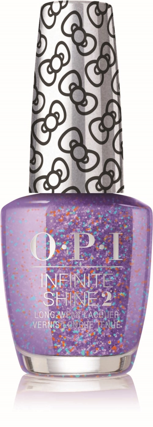 En lila nagellackflaska med stjärnor och glitter, märkt 'OPI Infinite Shine 2.' Korken har svart rings design.