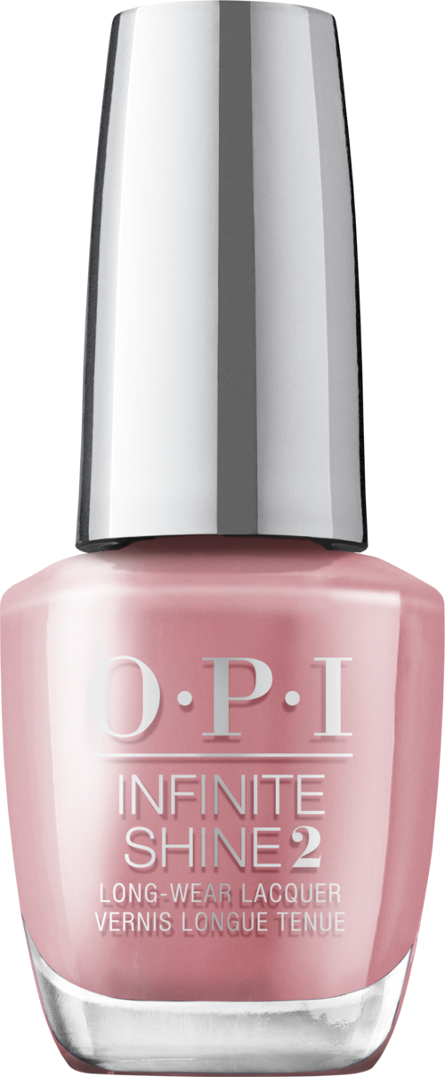 En rosa nagellackflaska med en silverkapsel, märkt 'O.P.I Infinite Shine 2' för långtidsbruk.
