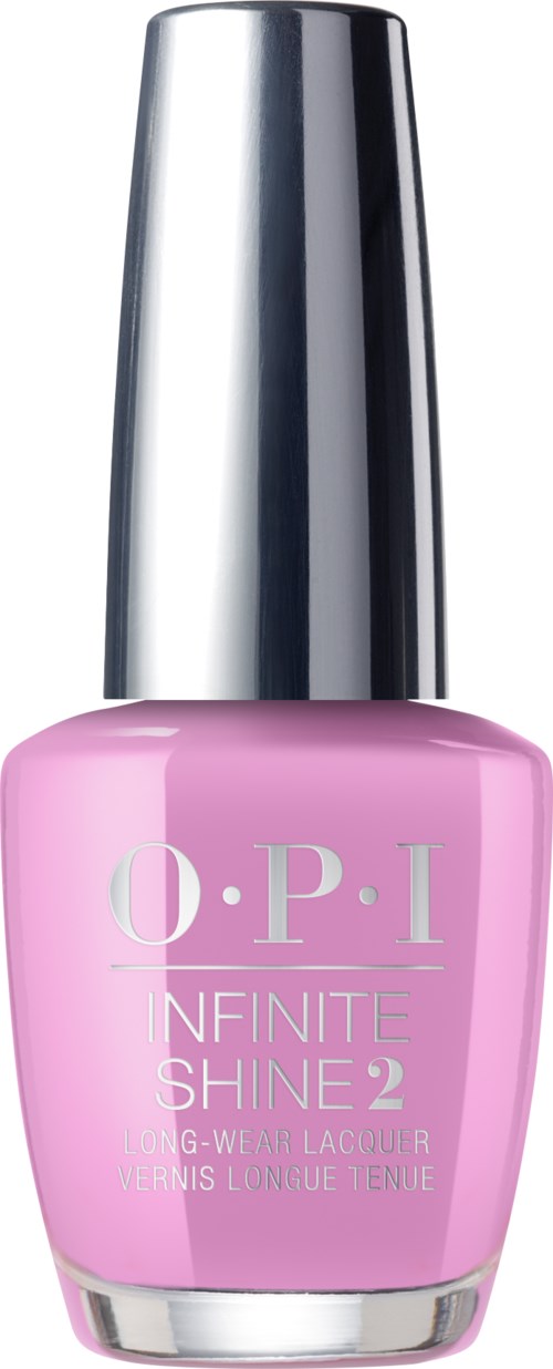 En rosa nagellackflaska med en silverkapsel, märkt 'O.P.I Infinite Shine 2' för långvarigt bruk.