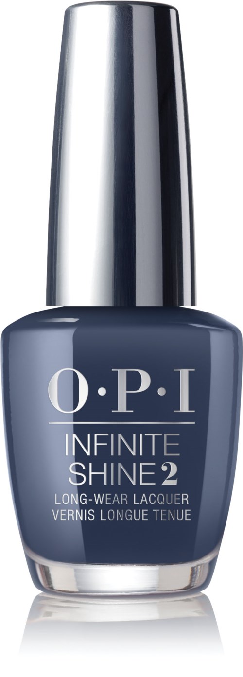 En mörkblå nagellackflaska med silverlock, märkt "O.P.I INFINITE SHINE 2."