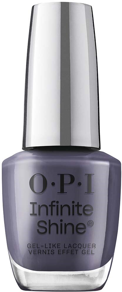 En lila nagellackflaska med silverhätta, märkt "O.P.I Infinite Shine".