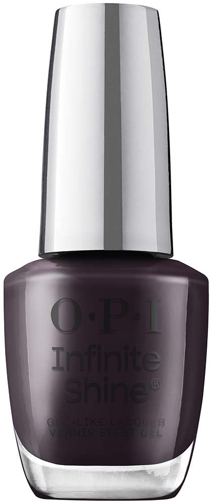 Tummansininen kynsilakkapullo, jossa kiiltävä hopeakorkki ja merkintä 'OPI Infinite Shine'.