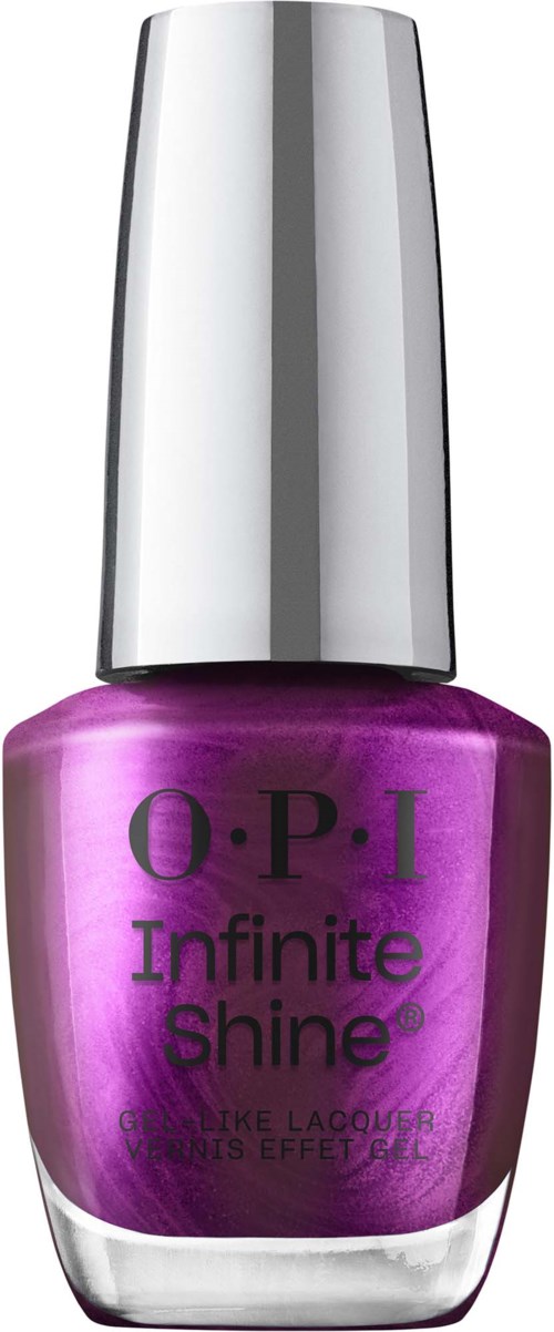 Violetti kynsilakkapullo hopeisella kierteellä ja mustalla tekstillä, merkiltä O.P.I Infinite Shine.