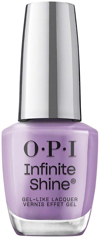 Lilafärgad nagellacksflaska med silverlock, märkt ‘O.P.I Infinite Shine’.