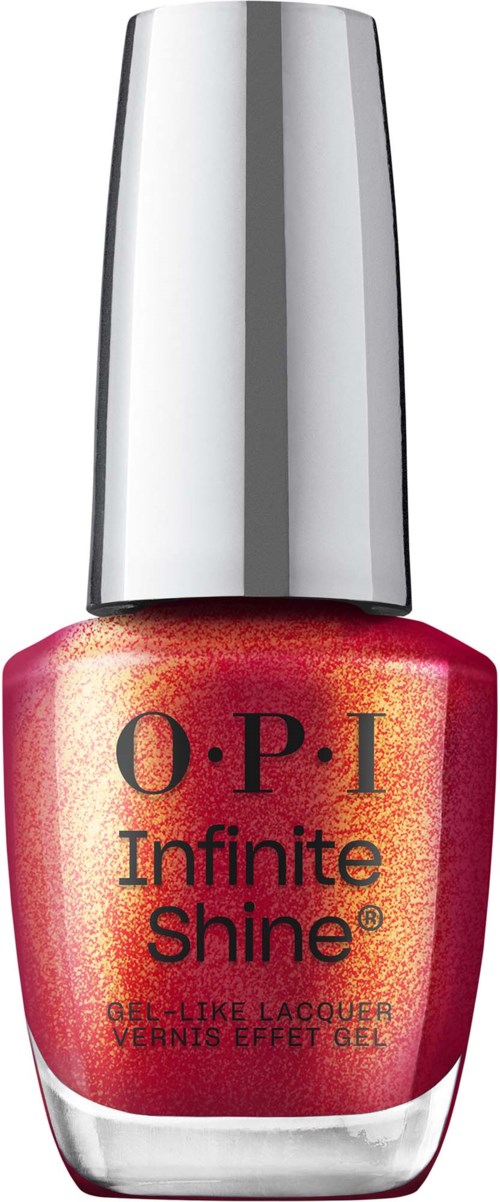 OPI Infinite Shine -kynsilakkapullo punertavassa-oranssissa sävyssä, kiiltävä hopeakorkki päässä.