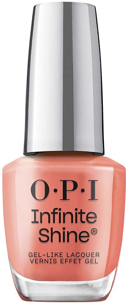 En nagellackflaska med rosa färg och silverlock, märkt 'O.P.I Infinite Shine' och 'Gel-Like Lacquer.'