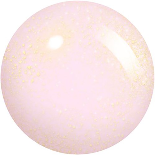 A round, pinkish-white object with tiny yellow specks on its surface. It looks smooth and shiny.