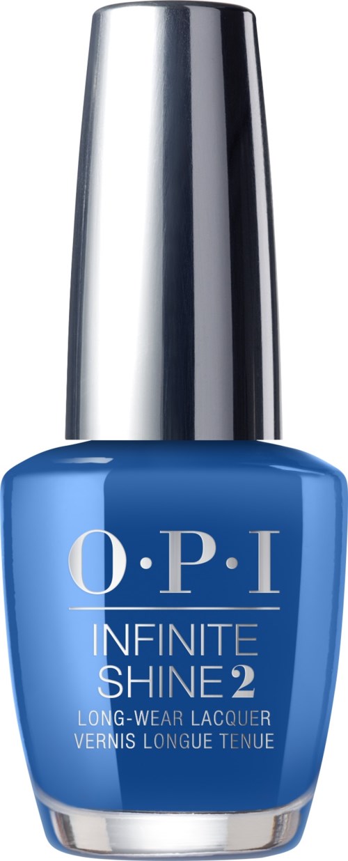 Blå nagellackflaska med svart lock, märkt "O.P.I Infinite Shine 2."