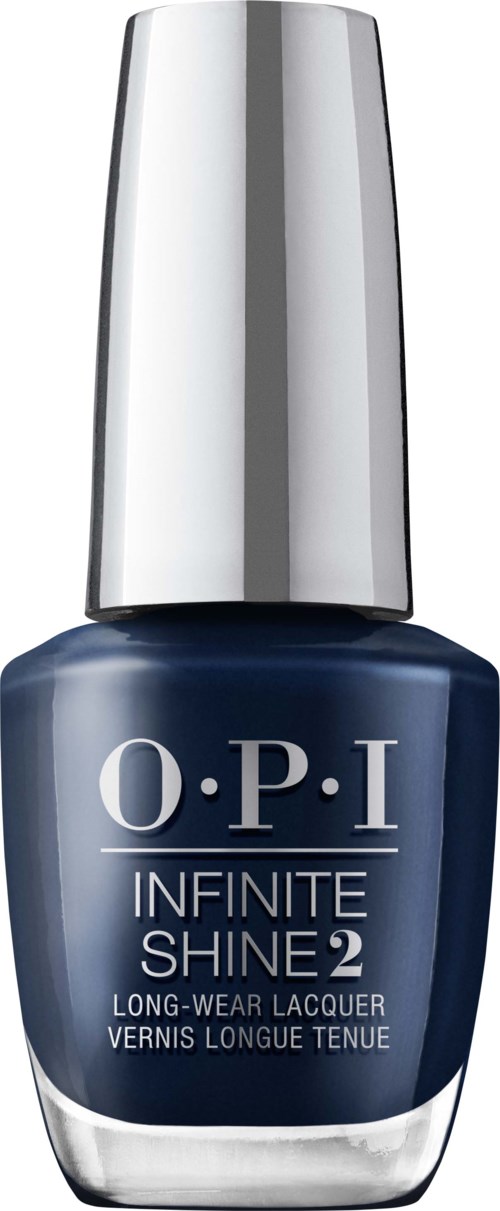 Blå nagellackflaska med silverlock, märkt O.P.I. Infinite Shine 2, långvarig lack.