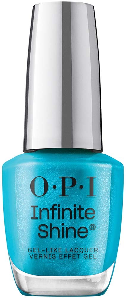 En flaske med lys blå O.P.I Infinite Shine neglelakk med en sølvhette.