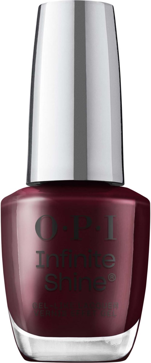 OPI Infinite Shine -kynsilakka pullo tummanpunaisella sävyllä ja hopeisella korkilla.