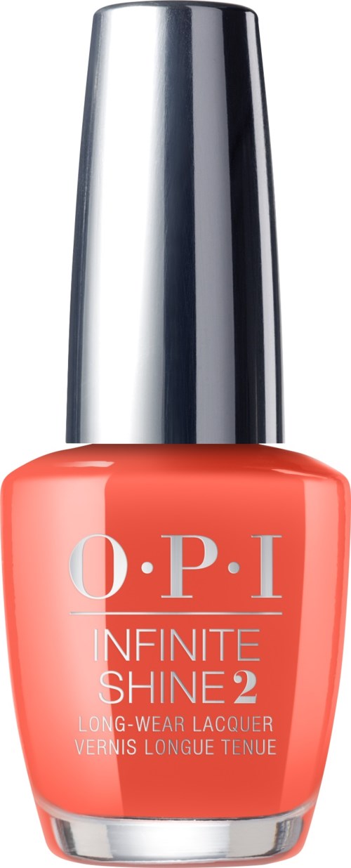 En korallfärgad nagellackflaska med silverhätta och vit text, märkt "O.P.I Infinite Shine 2."