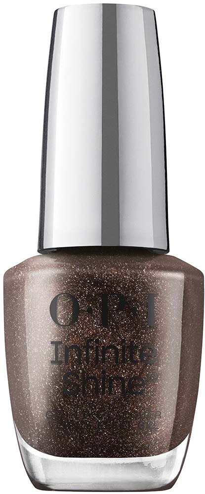 En brun nagellackflaska med en glänsande silverlock och glitteryta. Etiketten säger "O.P.I Infinite Shine."