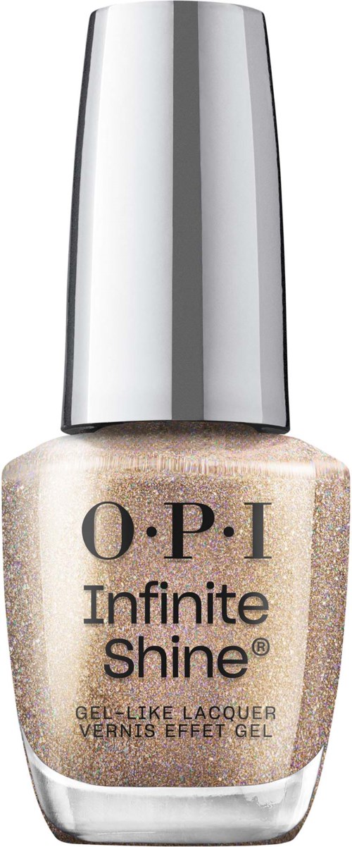 OPI Infinite Shine -kynsilakkapullo, hopeanvärinen ja glitterinen.