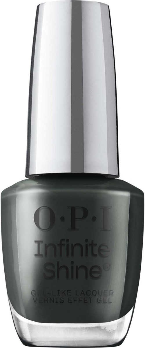 Harmaa kynsilakkapullo, jossa kiiltävä hopeakorkki ja mustaa tekstiä OPI Infinite Shine.