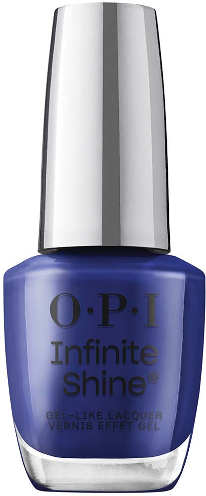 Sininen kynsilakkapullo hopeisella korkilla, merkinnällä "O.P.I Infinite Shine."