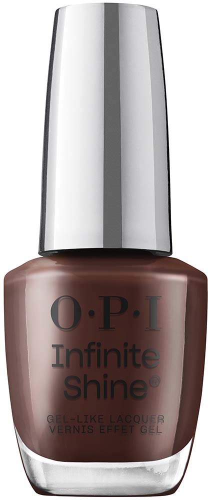 En nagellackflaska med silverkork och brunt innehåll, märkt 'O.P.I Infinite Shine'.