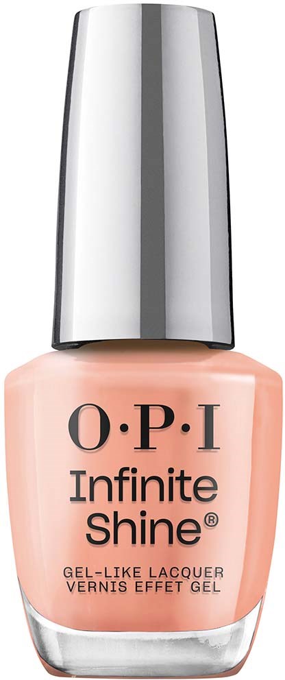 En flaska med O.P.I Infinite Shine nagellack, aprikosfärgad med silverhölje.