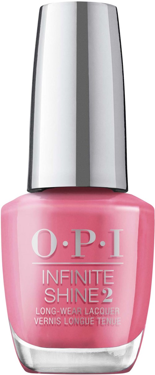 Nagellackflaska i rosa med en silverkork, märkt 'O.P.I INFINITE SHINE 2' för långvarig glans.