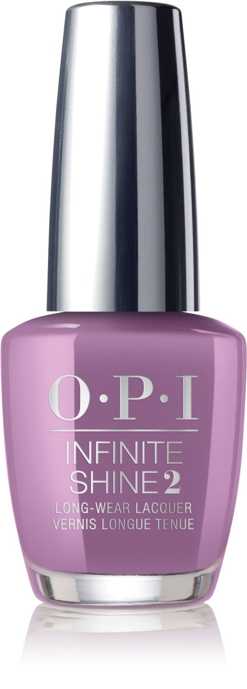 En flaska av O.P.I. Infinite Shine 2 lavendelfärgad nagellack med ett glänsande silverlock.