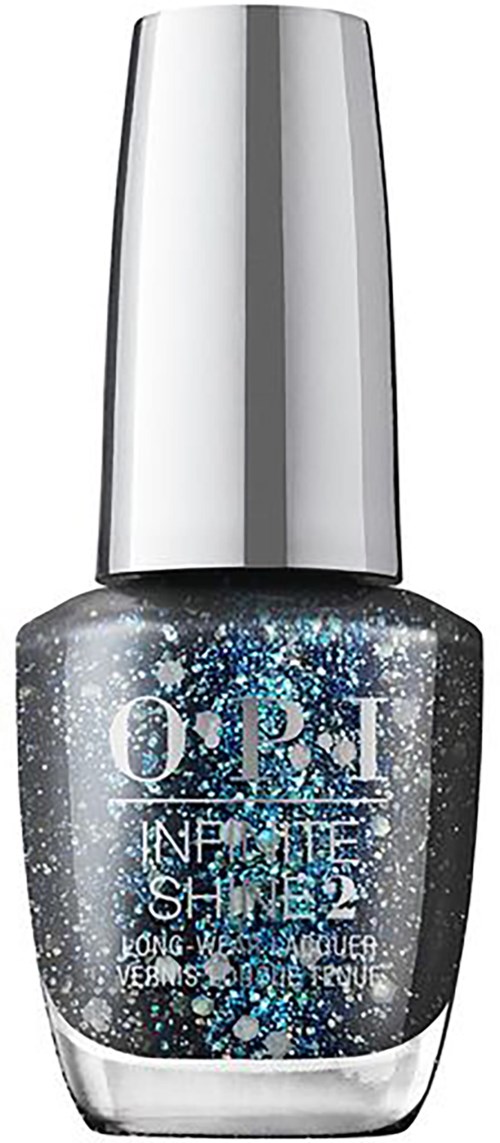 A bottle of clear nail polish with blue and silver glitter, silver cap, and dark logo on the front.