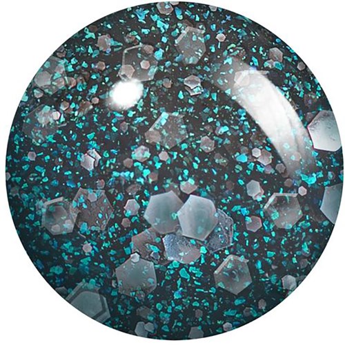 A circular glittery surface with blue and silver specks and hexagonal particles, shiny and reflective.