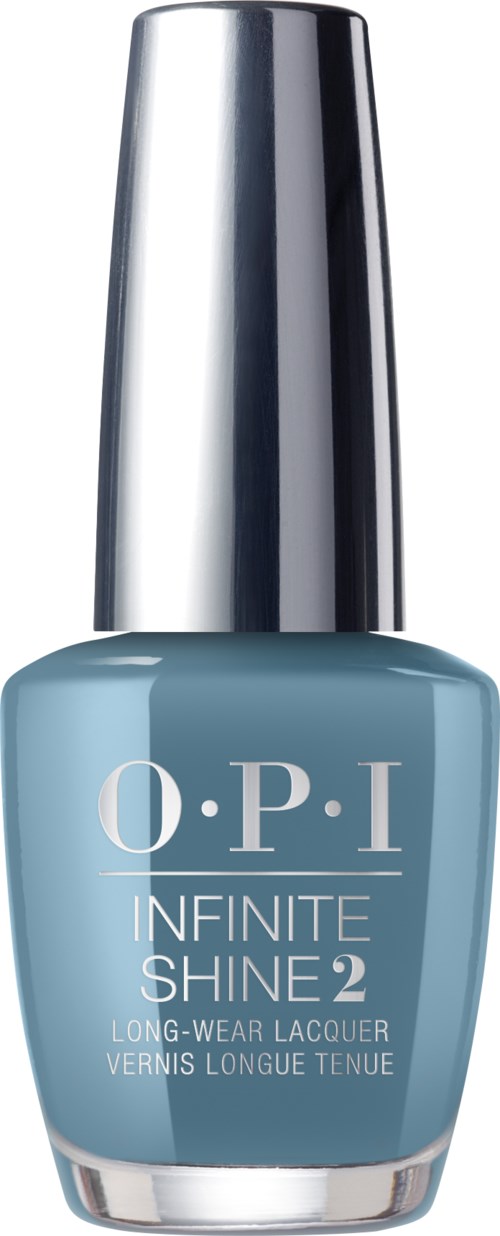 Blå nagellack flaska med silverkork, märkt 'O.P.I Infinite Shine 2' för långt hållbarhet.