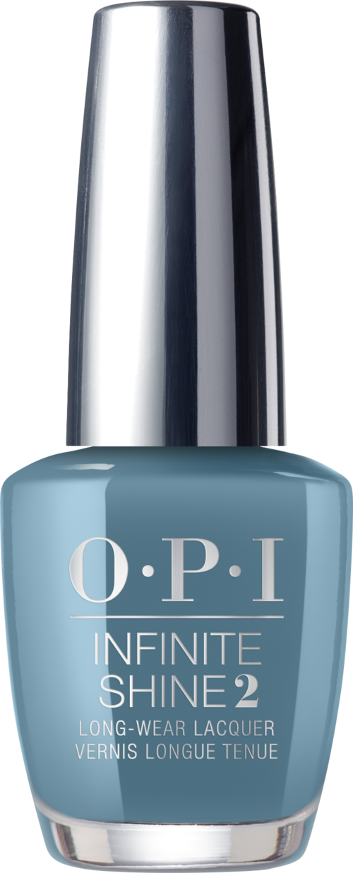 En blå nagellackflaska med silverkapsyl, märkt O.P.I Infinite Shine 2.