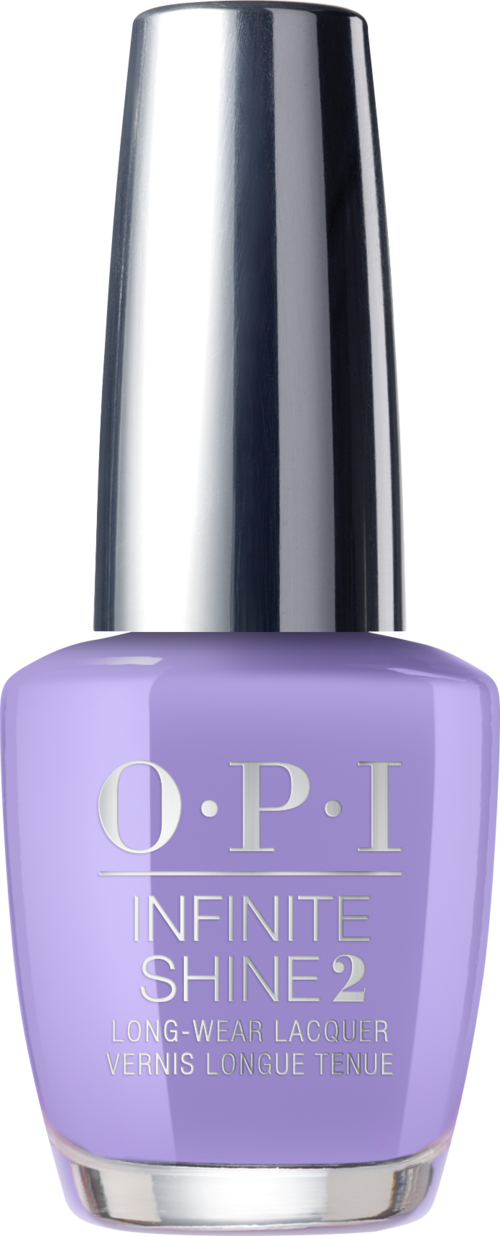 Eine Flasche lila Nagellack mit silberner Kappe und Logo, gekennzeichnet 'O.P.I Infinite Shine 2' für langlebigen Glanz.