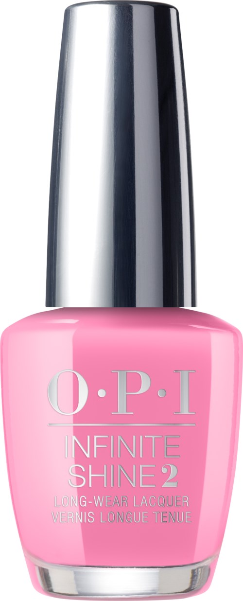 Pink nagellackflaska med silverkork, märkt "O.P.I Infinite Shine 2".