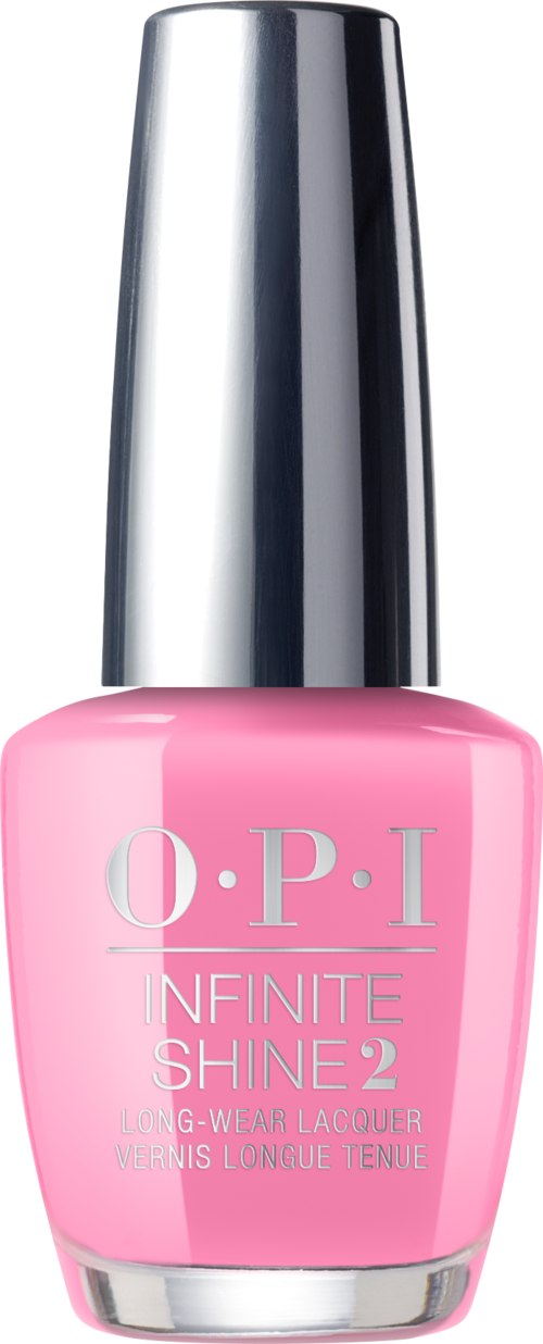 En rosa nagellackflaska med silverlock från O.P.I, märkt 'Infinite Shine 2', står ensam.