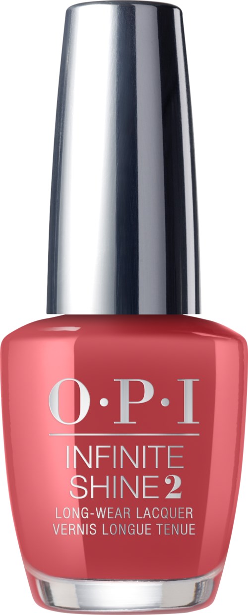 En pink neglelakflaske med sølvhætte, mærket 'O.P.I Infinite Shine 2' til langvarigt brug.
