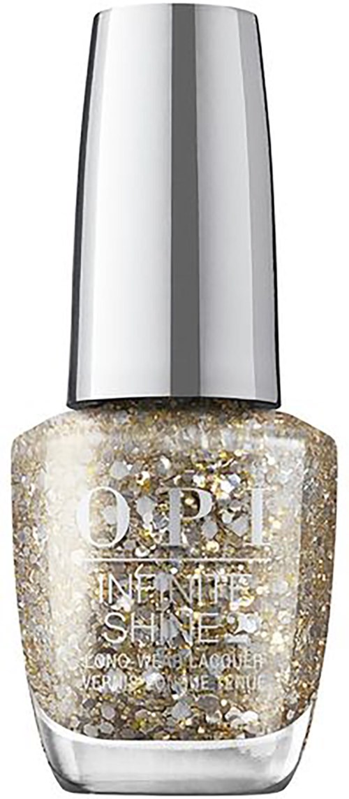 A bottle of glittery gold nail polish with a shiny silver cap, labeled 'OPI Infinite Shine.'