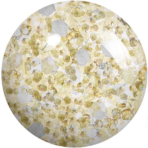 A round object with a surface covered in shiny, gold-colored, hexagon-shaped pieces. Reflects light.